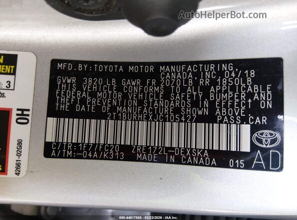 2T1BURHEXJC105427 2018 TOYOTA LL Серебряный Вид подкапотного пространства