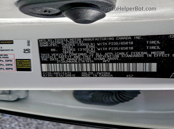 2T2AZMAA9LC161834 2020 LEXUS RX Белый Вид наклейки с VIN-кодом