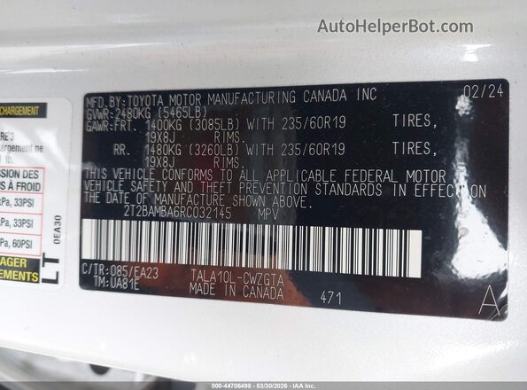 2T2BAMBA6RC032145 2024 LEXUS RX 350 White Engine compartment view