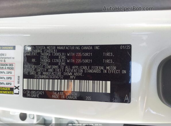 2T2BAMBA7SC056752 2025 LEXUS RX 350 White Շարժիչի բաժամունքի տեսք