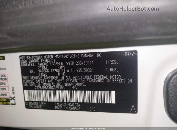 2T2BAMBAXRC035193 2024 LEXUS RX 350 White Շարժիչի բաժամունքի տեսք
