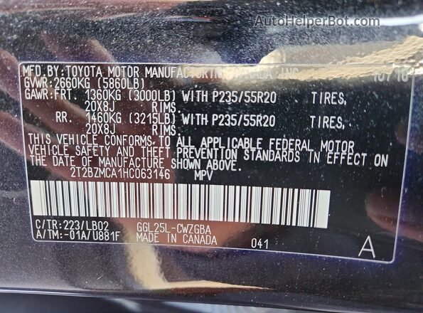 2T2BZMCA1HC063146 2017 LEXUS RX Черный Панорамный вид салона 360°