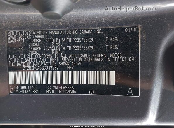 2T2BZMCA3GC013282 2016 LEXUS RX 350 Gray ძრავის განყოფილების ხედი