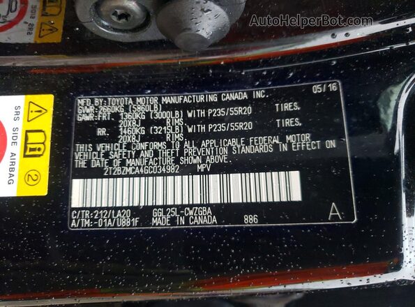 2T2BZMCA4GC034982 2016 LEXUS RX Black Vista de la etiqueta del VIN