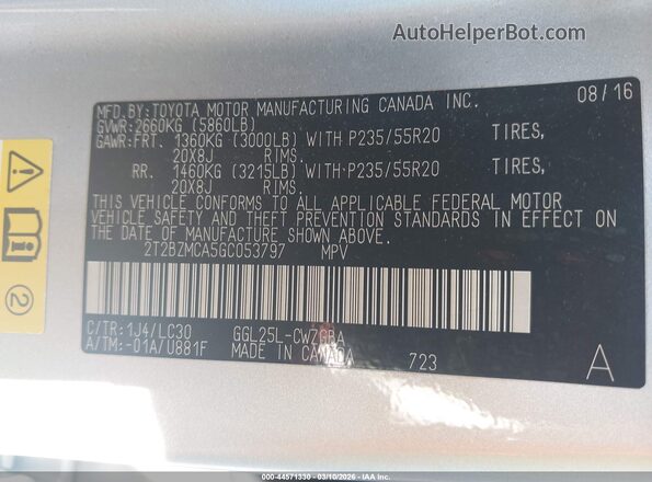 2T2BZMCA5GC053797 2016 LEXUS RX 350 Серебряный Вид подкапотного пространства
