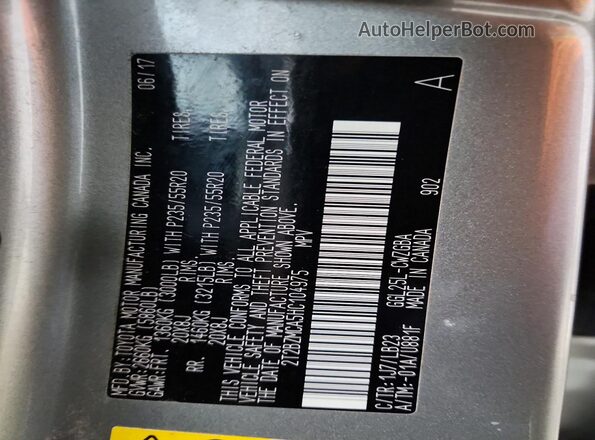 2T2BZMCA5HC104975 2017 LEXUS RX Silver Widok naklejki z numerem VIN