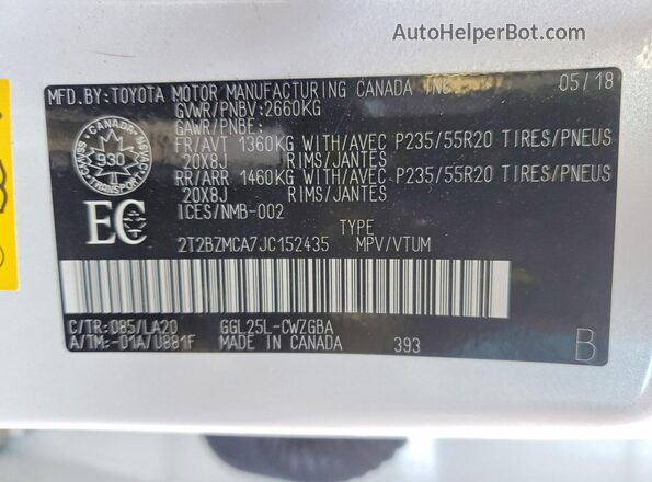 2T2BZMCA7JC152435 2018 LEXUS RX Белый Вид наклейки с VIN-кодом