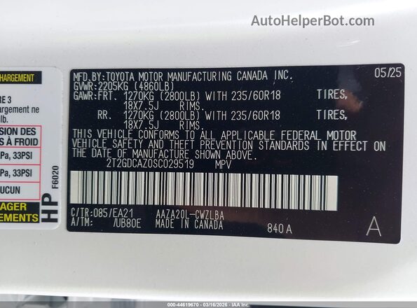 2T2GDCAZ0SC029519 2025 LEXUS NX 250 White Vista del compartimento del motor