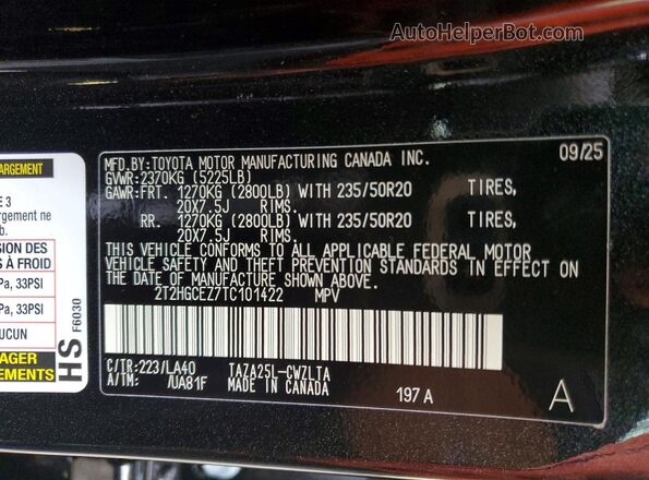 2T2HGCEZ7TC101422 2026 LEXUS NX Черный Вид наклейки с VIN-кодом