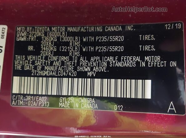 2T2HGMDA4LC047420 2020 LEXUS RX 450H Red ძრავის განყოფილების ხედი