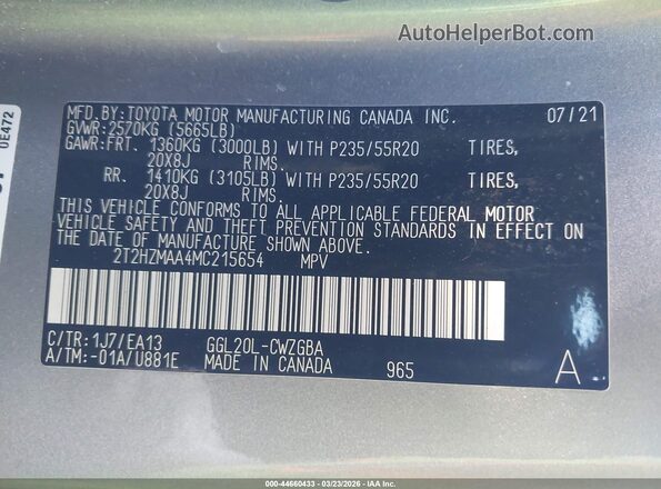 2T2HZMAA4MC215654 2021 LEXUS RX 350 Серебряный Вид подкапотного пространства