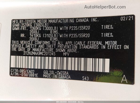 2T2HZMAA9MC201345 2021 LEXUS RX 350 Белый Вид подкапотного пространства
