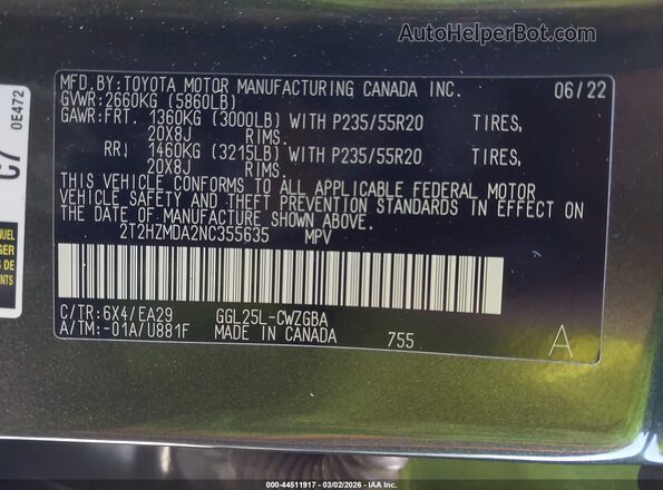 2T2HZMDA2NC355635 2022 LEXUS RX 350 Зеленый Вид подкапотного пространства