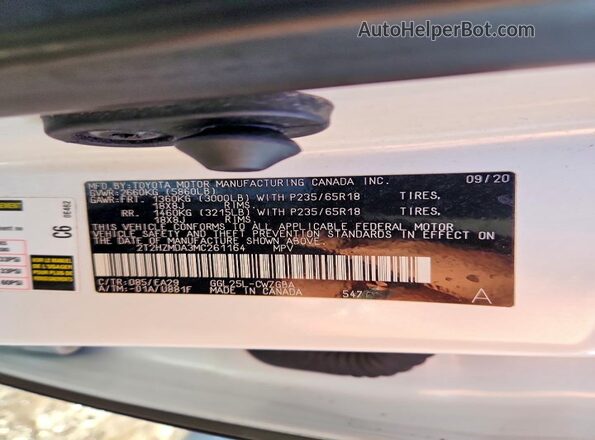 2T2HZMDA3MC261164 2021 LEXUS RX White VIN კოდის სტიკერის ხედი