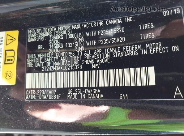 2T2HZMDAXLC215328 2020 LEXUS RX 350 Черный Вид подкапотного пространства