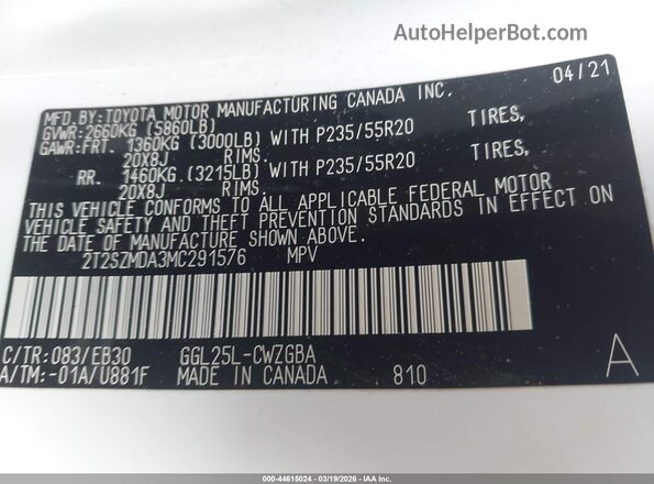 2T2SZMDA3MC291576 2021 LEXUS RX 350 Белый Вид подкапотного пространства