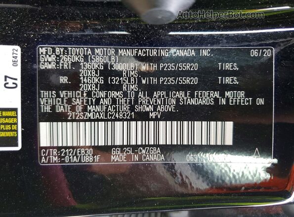 2T2SZMDAXLC248321 2020 LEXUS RX Black Widok naklejki z numerem VIN