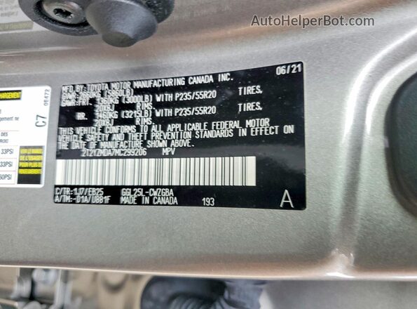 2T2YZMDA7MC299206 2021 LEXUS RX Brown Вид наклейки з VIN-кодом