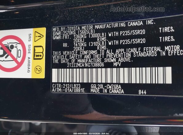 2T2ZZMCA1KC138806 2019 LEXUS RX 350 Черный Вид подкапотного пространства