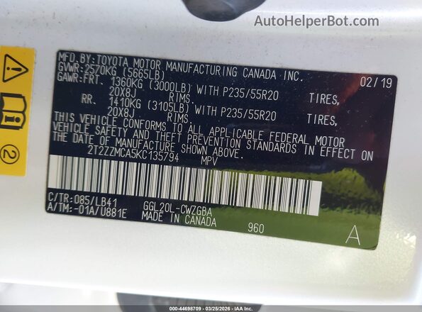 2T2ZZMCA5KC135794 2019 LEXUS RX 350 Белый Вид подкапотного пространства