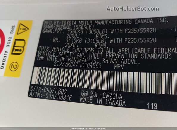 2T2ZZMCA7JC104593 2018 LEXUS RX 350 Белый Вид подкапотного пространства