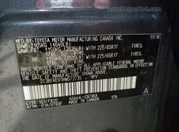 2T3BFREV1HW572735 2017 TOYOTA RAV Gray Widok naklejki z numerem VIN