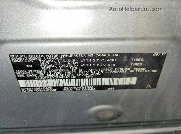 2T3DFREV2HW687336 2017 TOYOTA LIMITED Silver Widok naklejki z numerem VIN