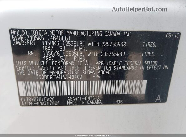 2T3DFREV4HW549409 2017 TOYOTA LIMITED White Vista del compartimento del motor