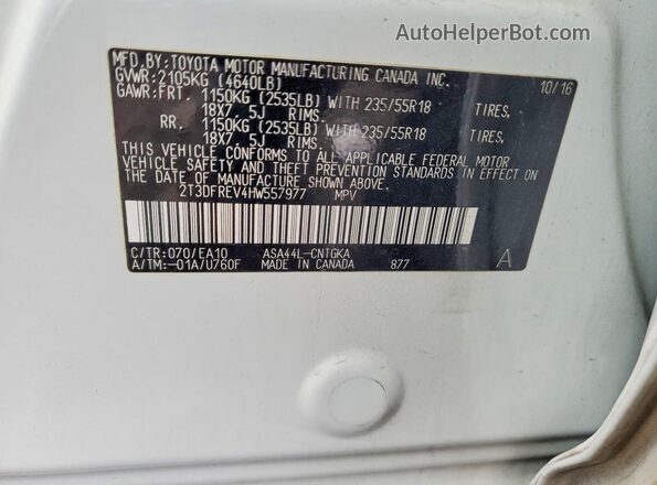 2T3DFREV4HW557977 2017 TOYOTA LIMITED White Вид наклейки з VIN-кодом