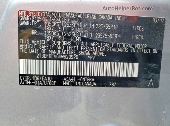 2T3DFREV6HW620920 2017 TOYOTA LIMITED Серебряный Вид наклейки с VIN-кодом