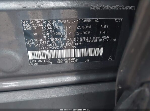2T3E6RFV2MW027309 2021 TOYOTA RAV4 HYBRID Gray Vista del compartimento del motor