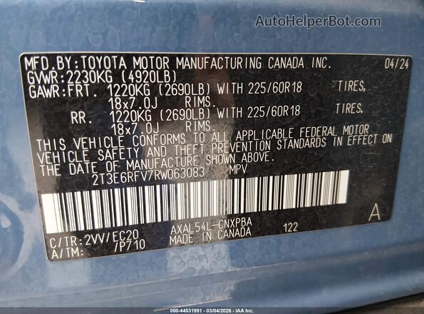 2T3E6RFV7RW063083 2024 TOYOTA RAV4 HYBRID Light Blue Вид подкапотного пространства