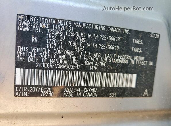 2T3E6RFVXMW003517 2021 TOYOTA RAV4 Серебряный Вид подкапотного пространства