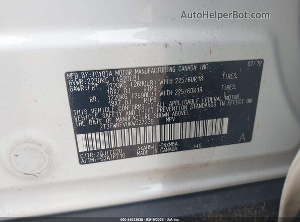 2T3EWRFV0KW027239 2019 TOYOTA RAV4 HYBRID White Vista del compartimento del motor