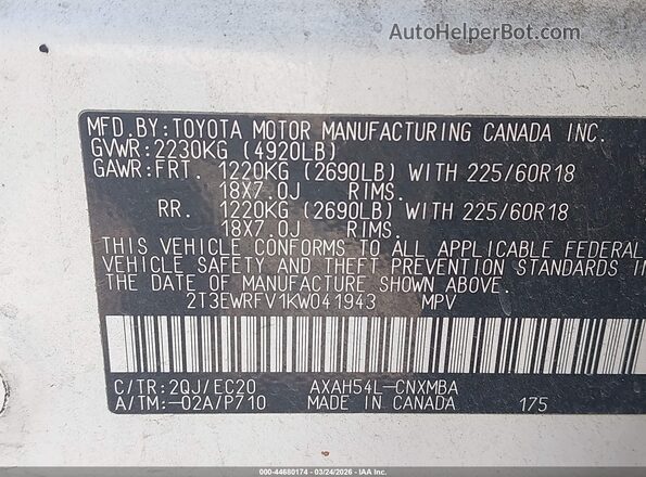 2T3EWRFV1KW041943 2019 TOYOTA RAV4 HYBRID Белый Вид подкапотного пространства