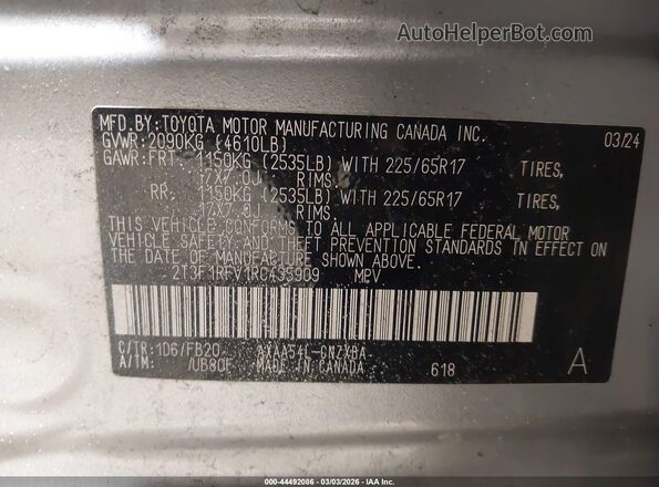 2T3F1RFV1RC435909 2024 TOYOTA LE Silver Вид підкапотного простору
