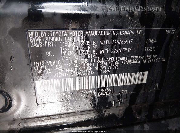 2T3H1RFV2NW235218 2022 TOYOTA LE Черный Вид подкапотного пространства