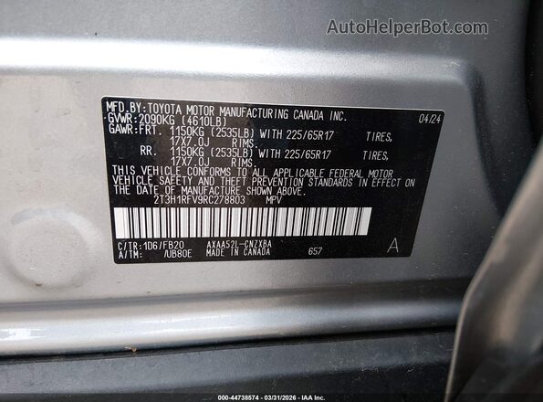 2T3H1RFV9RC278803 2024 TOYOTA LE Серебряный Вид подкапотного пространства