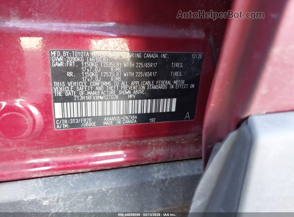 2T3H1RFVXMW127038 2021 TOYOTA LE Бордовый Вид подкапотного пространства