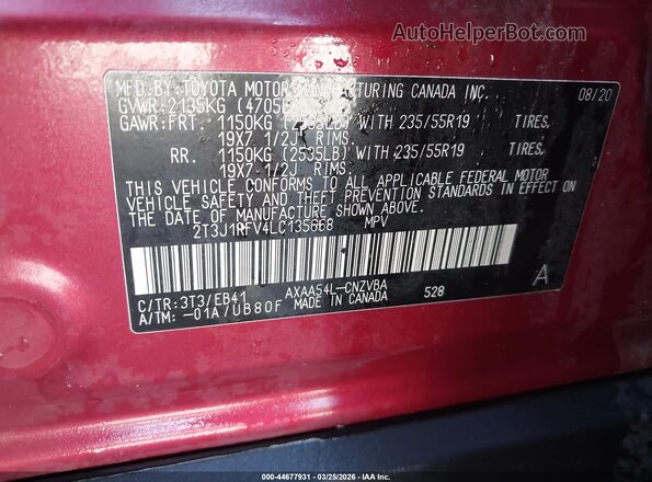 2T3J1RFV4LC135668 2020 TOYOTA RAV4 Красный Вид подкапотного пространства