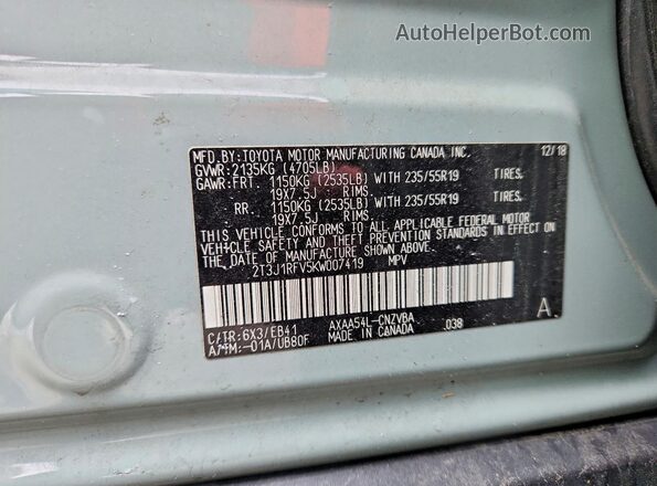 2T3J1RFV5KW007419 2019 TOYOTA RAV4 Gray VIN կոդի պիտակի տեսք