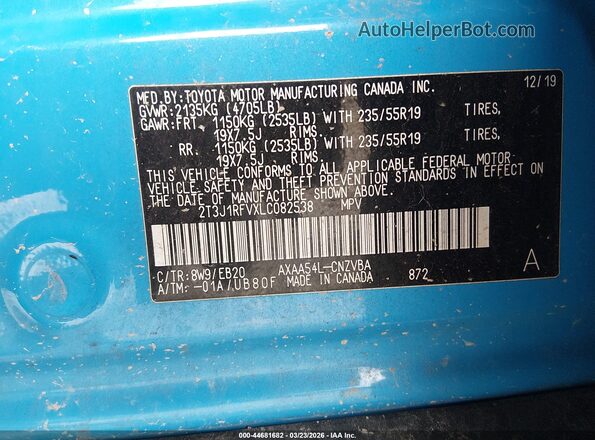 2T3J1RFVXLC082538 2020 TOYOTA RAV4 Синий Вид подкапотного пространства