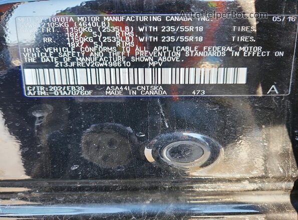 2T3JFREV2GW498610 2016 TOYOTA RAV4 Black Вид наклейки з VIN-кодом