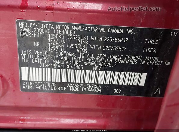 2T3K1RFV1LC041185 2020 TOYOTA LE Red Вид підкапотного простору
