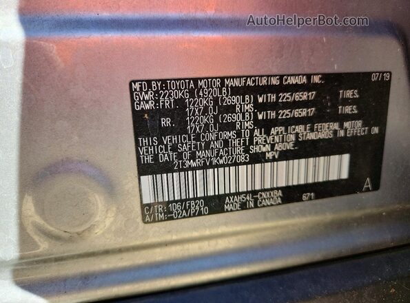 2T3MWRFV1KW027083 2019 TOYOTA RAV4 Серебряный Вид наклейки с VIN-кодом