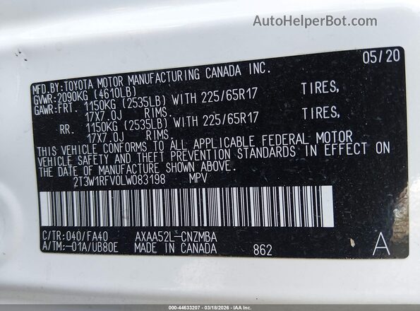 2T3W1RFV0LW083198 2020 TOYOTA LE White Widok komory silnika