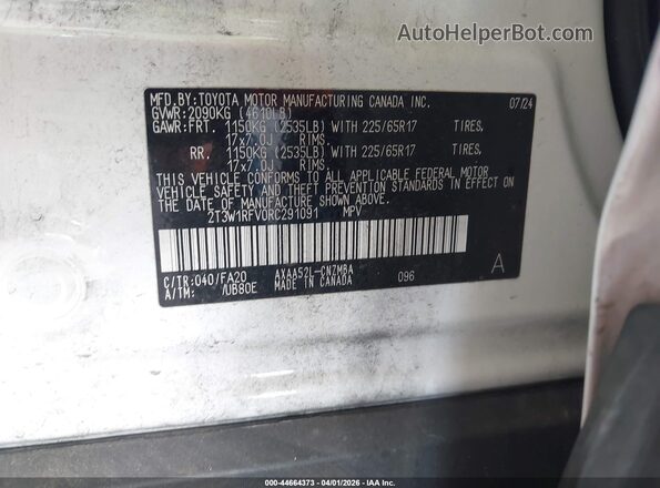 2T3W1RFV0RC291091 2024 TOYOTA LE White Engine compartment view