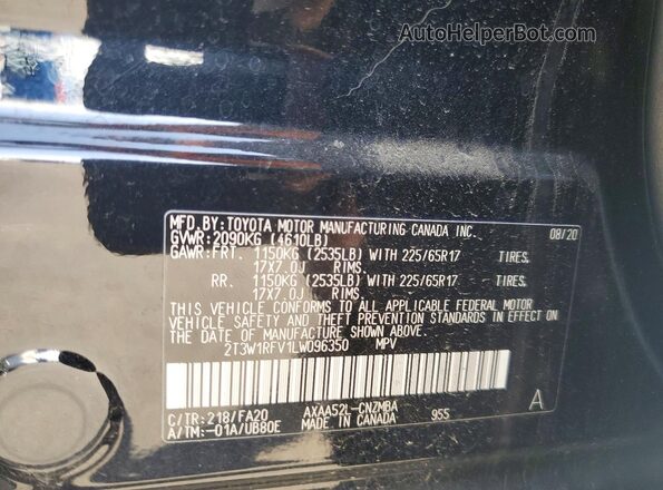 2T3W1RFV1LW096350 2020 TOYOTA LE Черный Вид наклейки с VIN-кодом