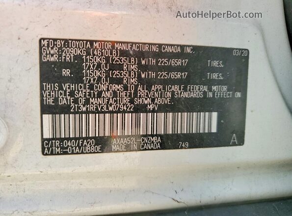 2T3W1RFV3LW079422 2020 TOYOTA LE Белый Вид наклейки с VIN-кодом
