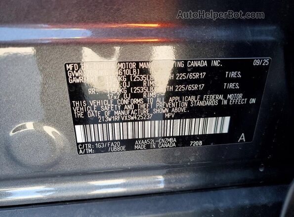 2T3W1RFVXSW425237 2025 TOYOTA LE Серый Вид наклейки с VIN-кодом